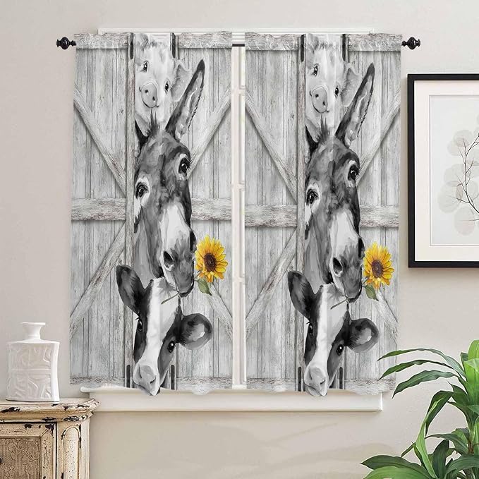 Grey Farmhouse Bedroom Curtains 63 Inches Length, Vintage Sunflowers Animals - Image 2
