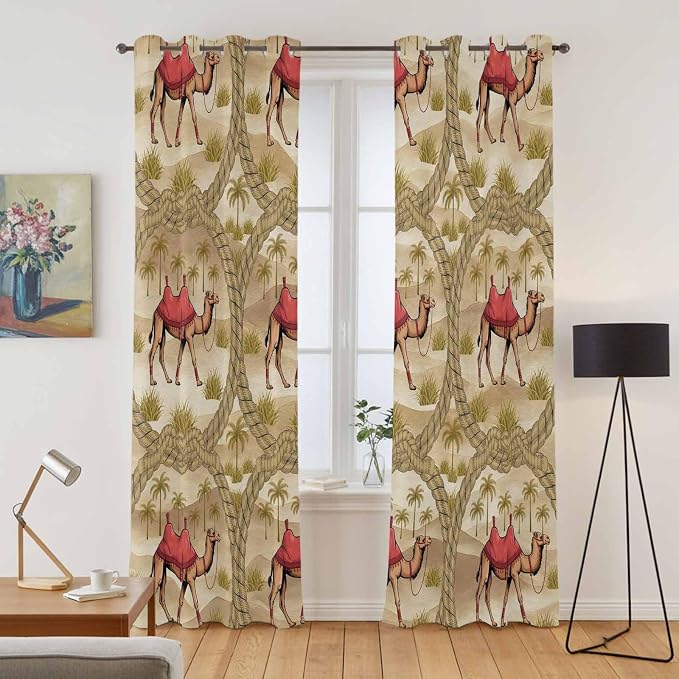 2 Panel Kitchen Cafe Curtains, Desert Camels Sunlight Filtering Nature Air - Image 2
