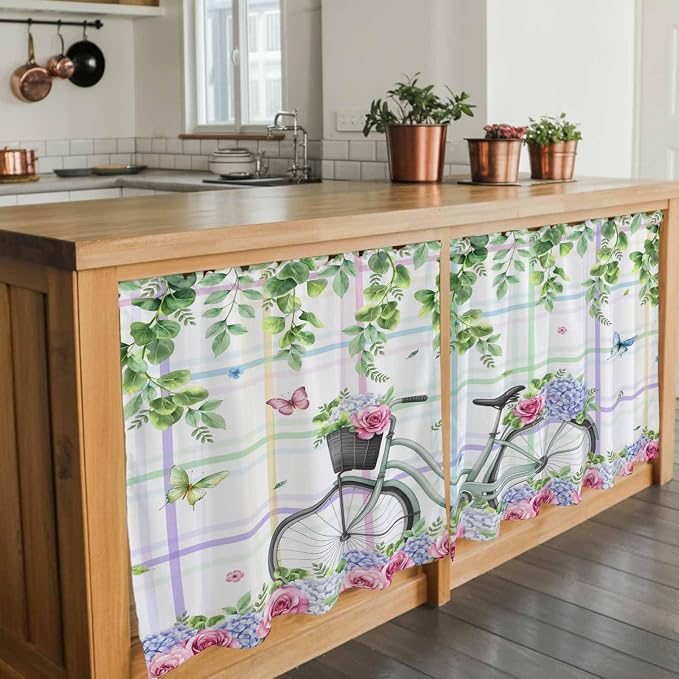 Spring Tier Curtains, Bicycles Botanical Leaves Rose Colorful Stripes Light - Image 7