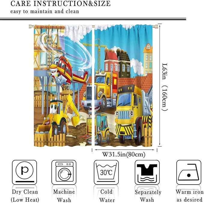 Kids Cartoon Construction Window Curtains, Funny Construction Site Cars and - Image 4