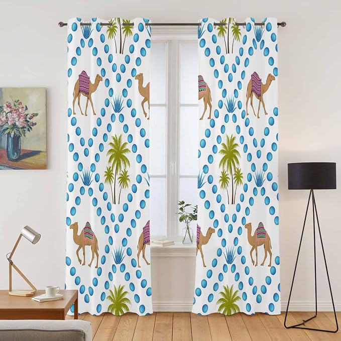 2 Panel Kitchen Cafe Curtains, Camels Palm Trees Sunlight Filtering Nature Air - Image 2