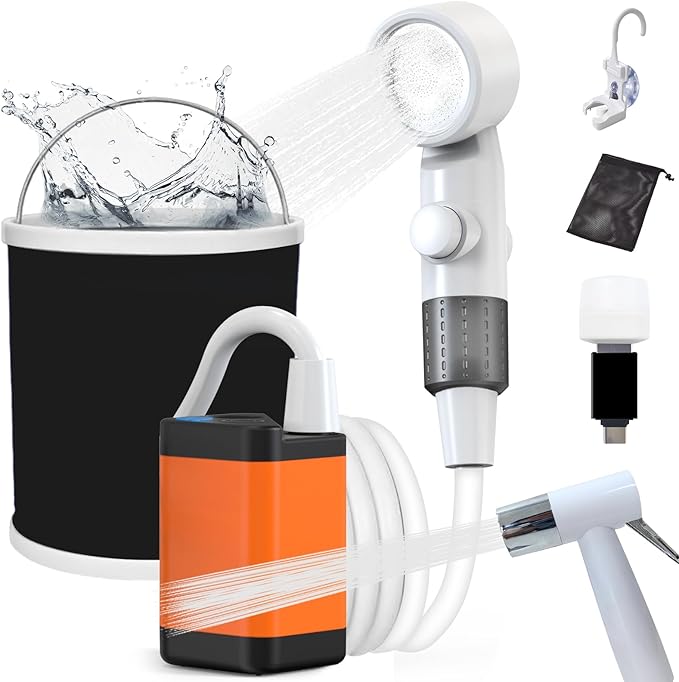 Portable Shower for Camping with Reverse Charging Function,Portable Shower Pump with Rechargeable Electric,Portable Shower Head,Portable Hose,with 3 Spray Modes for Camping,Hiking,Traveling