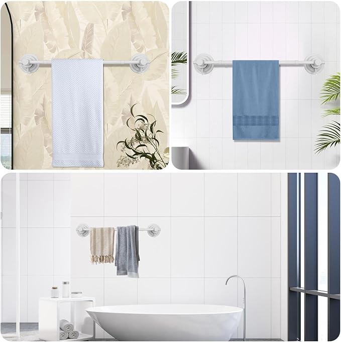 Suction Cup Towel Bar for Shower, 15.75''-25.6'' Adjustable Stainless Steel Towel Holder, Heavy Duty Suction Towel Rack with Powerful Vacuum Adsorption for Bathroom, Kitchen, RV, and Renters (White)