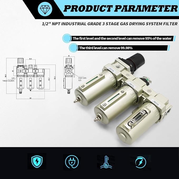 1/2" NPT Industrial Grade 3 Stage Drying System Filter, Coalescing Filter - Image 2