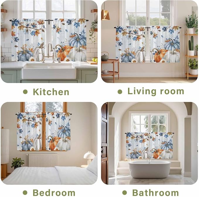 Fall Blue Maple Kitchen Curtains 45 Inch Long 2 Panel Set, Rod Pocket Window - Image 8