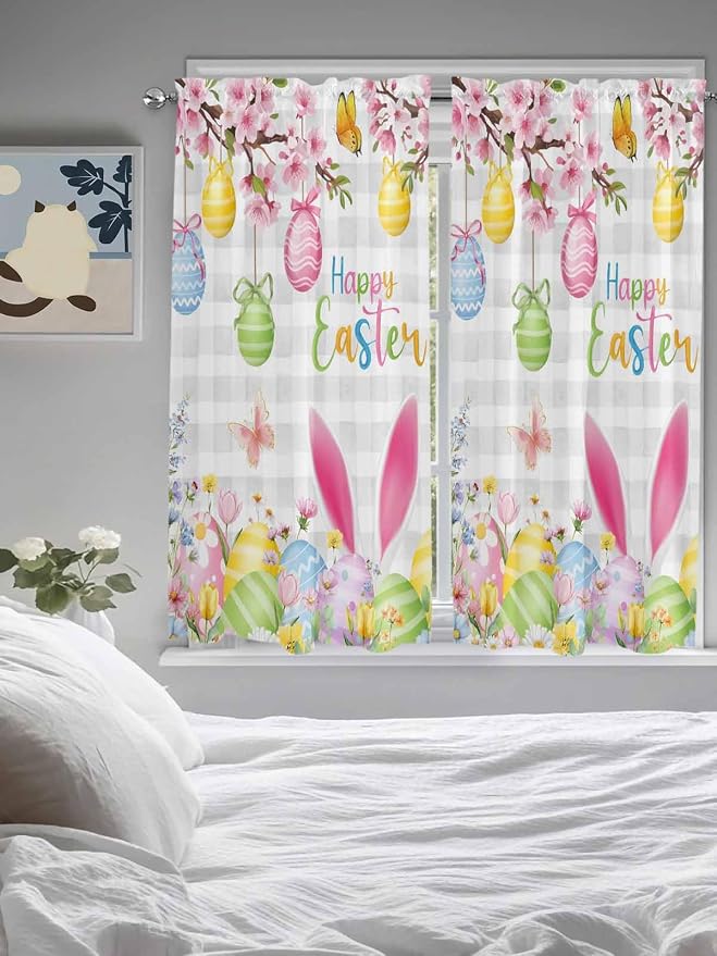 Happy Easter Bedroom Curtains 63 Inches length, Spring Watercolor Bunny Eggs - Image 5