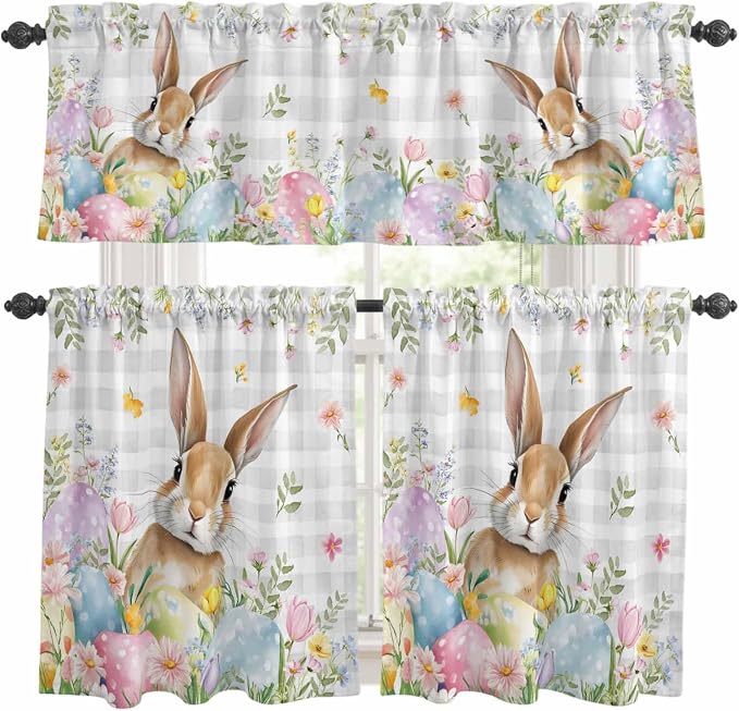 Kitchen Curtains Tiers and Valance Set of 3, Easter Light Filtering Window by Anzona