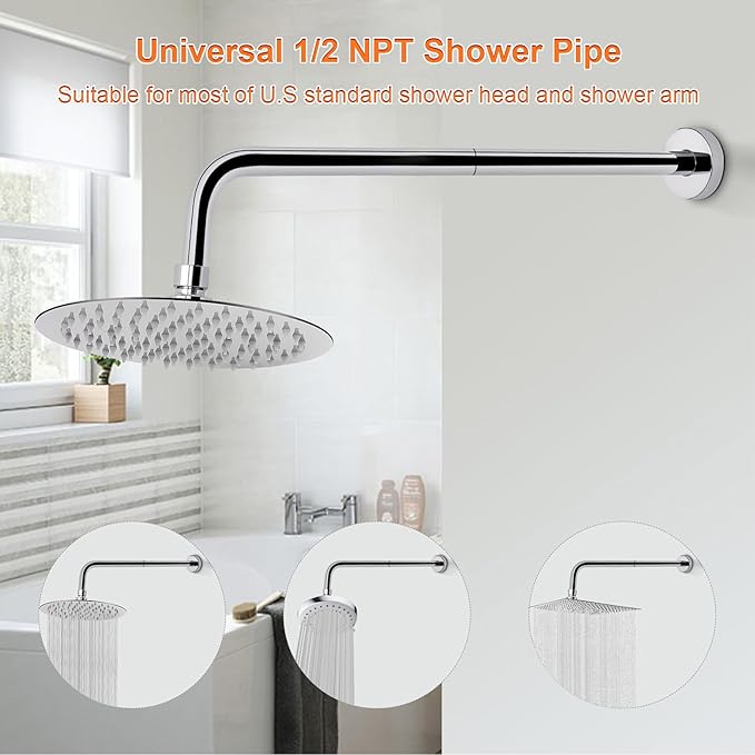 HarJue Shower Arm with Flange and Teflon Tape, Wall Mounted Shower Pipe 304 Stainless Steel Extension Arm for Fixed Shower Head & Handheld (20 Inch, Chrome)