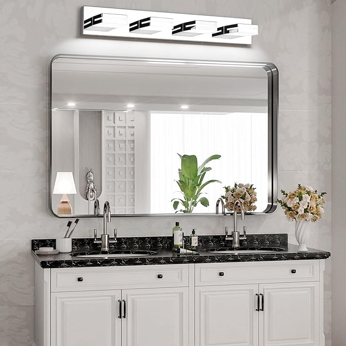 SineRise LED Modern Bathroom Vanity Light Fixtures (4-Light, 30-Inch, Dimmable), Chrome Modern Acrylic Bathroom Wall Lighting Fixtures Over Mirror (Cool White 6000K)