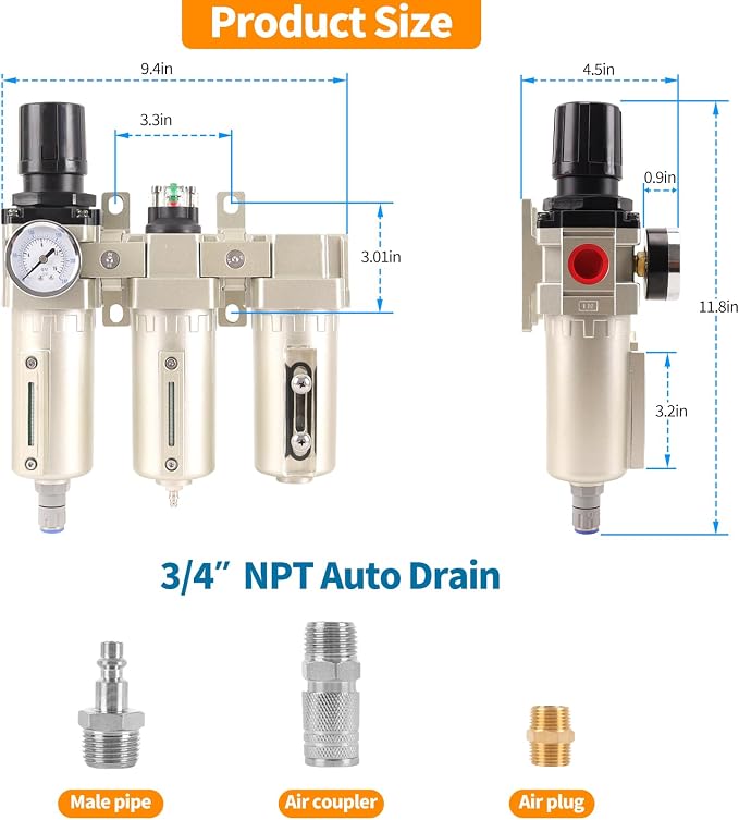 3/4" NPT Industrial Grade 3 Stage Air Compressor Drying System, 0-240 PSI - Image 7