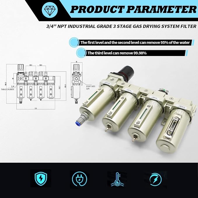 3/4" NPT Industrial Grade 4 Stage Gas Drying System, Coalescing Filter - Image 2