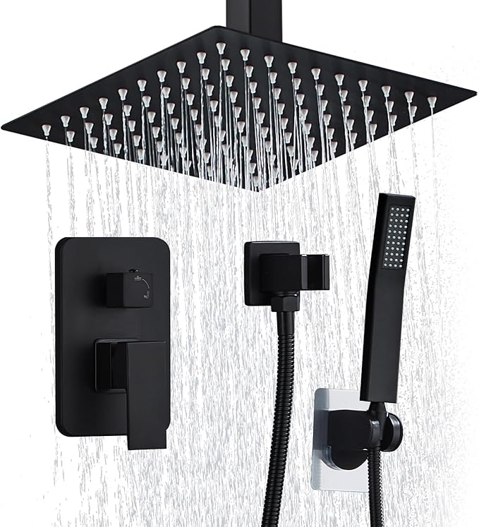 12 Inch Shower Faucet Set Ceiling Mount, High Pressure Rainfall Shower System, Square Rain Shower Spray Combo Luxury Shower Fixtures Matte Black