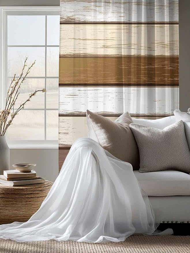 Sheer Curtains 63 Inch Length, Vintage Geometric Brown Semi Sheer Curtains - Image 4