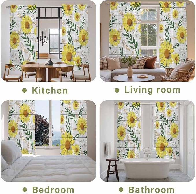 Yellow Daisy Kitchen Curtains, Farmhouse Country Flower Leaf Plant Wood Grain - Image 8