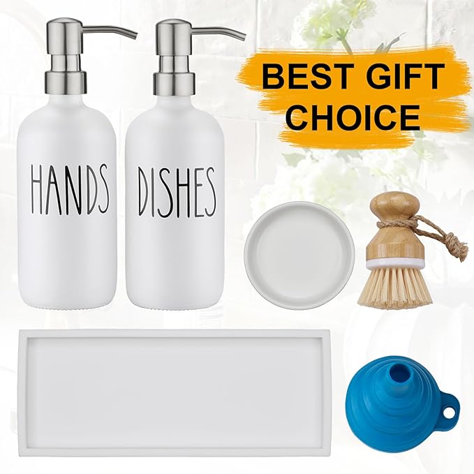 Glass Soap Dispenser for Kitchen,Farmhouse Kitchen Dish Hand Soap Dispenser Set,Rustproof Pump Soap Lotion Dispenser Set with Tray and Dish Brush,Kitchen Decor White-Silver Pump