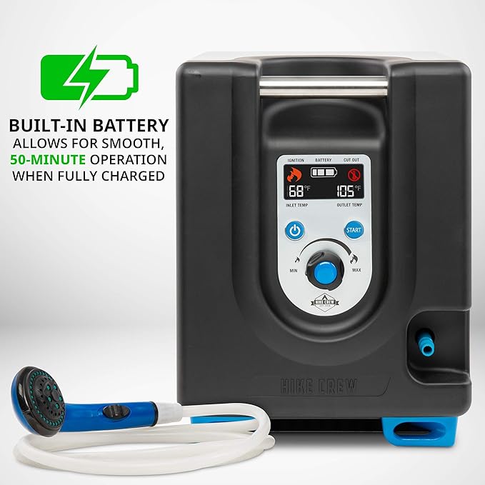 Hike Crew Portable Propane Water Heater & Shower Pump w/Built-in Battery | Compact Outdoor Cleaning & Showering System w/LCD, Safety Shutoff & Carry Case, Instant Hot Water for Camping & Hiking