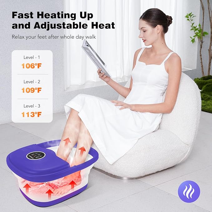 KNQZE Collapsible Foot Spa with Heat, Remote Control, Temperature Control, Bubbles, Pumice Stone, Red Light, Timer, 16 Massage Roller Pedicure Foot Bath Tub Foot Soaker for Feet Stress Relief, Purple