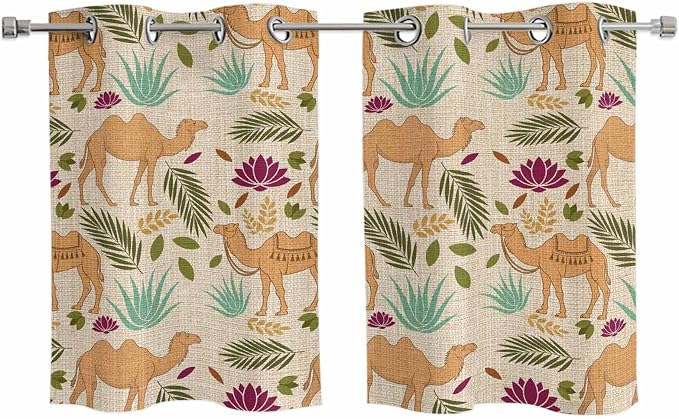 2 Panel Kitchen Cafe Curtains, Desert Camels Sunlight Filtering Nature Air by Hokiten