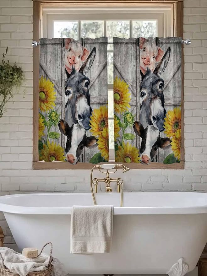 Farmhouse Kitchen Curtains 45 Inches length, Vintage Sunflowers Animals Printed - Image 7