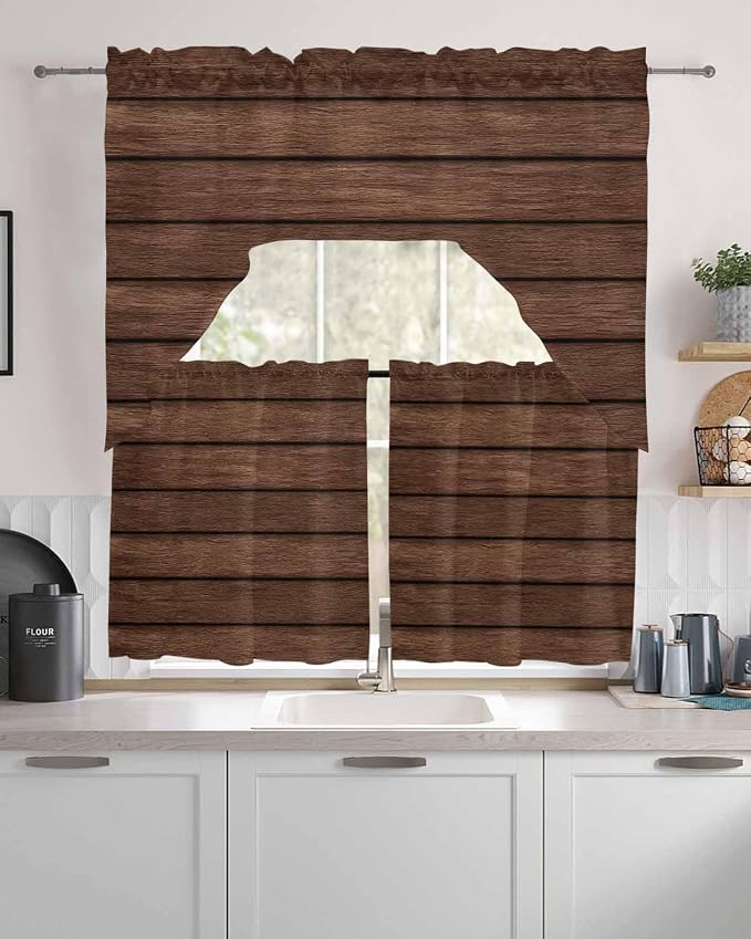 Brown Wooden Board Swag Kitchen Curtains Valance and Tier Set, Vintage Wood - Image 2