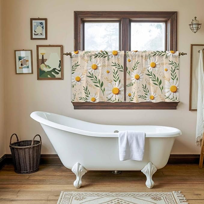 Spring Daisy Tier Curtains, Country Watercolor Flower Leaf Plant Light - Image 5