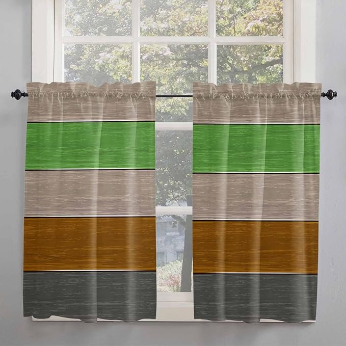 Farm Gray Green Brown Wood Grain Window Valance Curtains, Rustic Wooden Plank - Image 2