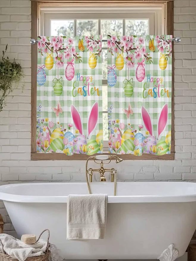 Happy Easter Kitchen Curtains 54 Inches Length, Spring Bunny Eggs Flower Sage - Image 7