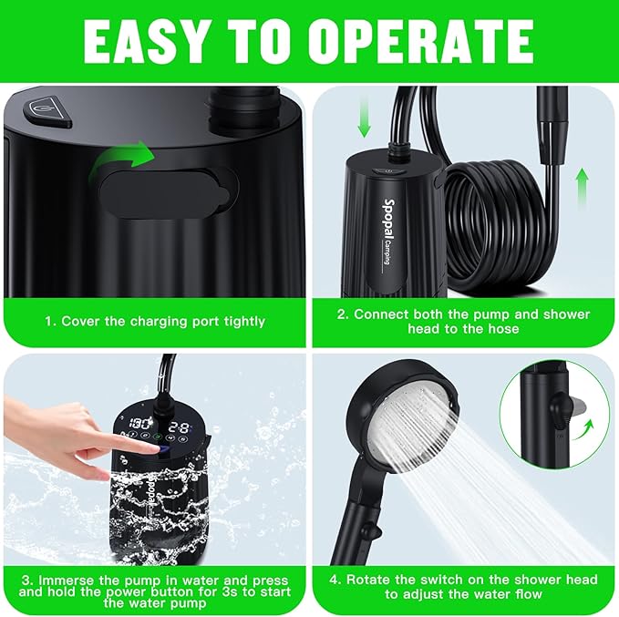 Portable Shower for Camping, [Upgraded] 10000mAh Rechargeable Camping Shower with 5 Adjustable Speeds,Premium LED Display, IPX8 Waterproof Outdoor Shower Kit for Hiking, Car, Pet, Travel