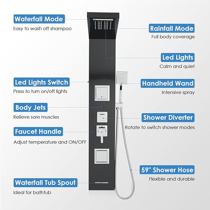 ROVOGO Shower Panel Tower System with Led Lights Rainfall Waterfall Shower Head, 2 Big Body Jets, Handheld and Tub Spout, Shower Column Stainless with Mixer Valve, Black