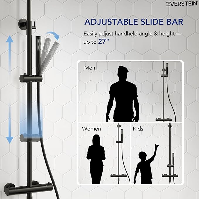 Exposed Shower System with Tub Spout, EVERSTEIN 10 inch High Pressure Shower Faucet Set, 3-Function Wall Mount Rain Showerhead with Handheld Sprayer, Outdoor Bathroom Fixtures, Matte Black