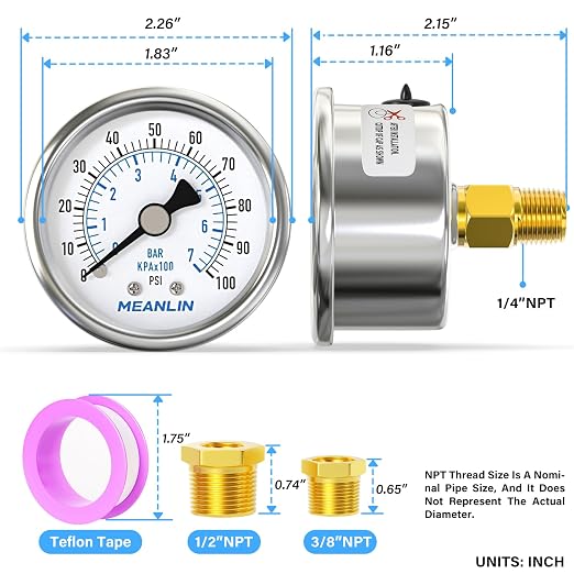 MEANLIN MEASURE 0~100Psi Dry Pressure Gauge Stainless Steel 1/4" NPT 2" FACE - Image 2