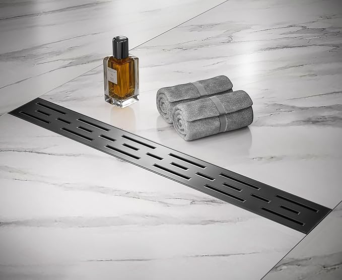HEATGENE 12-Inch Linear Shower Drain in Matte Black - Stainless Steel Rectangular Shower Floor Drain - Removable Decorative Cover - Adjustable Leveling Feet - CUPC Certified