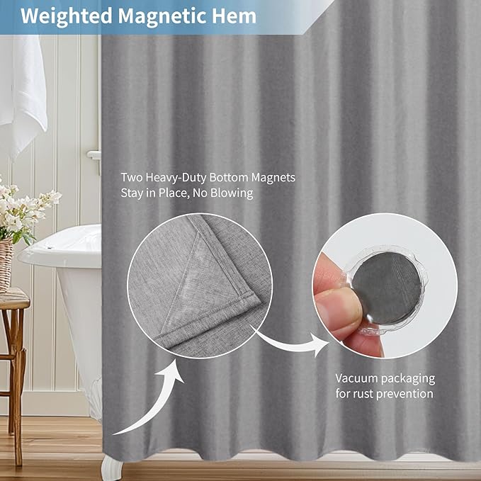 2-in-1 Waterproof Extra Long Fabric Shower Curtain or Liner,Linen Textured,96 Inch Breathable TPU & Washable Bathroom Shower Curtain Set with 12 Plastic Hooks,Modern,72"x96" Grey