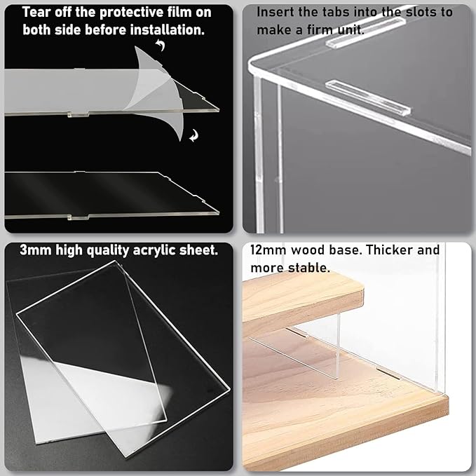 Choowin 3 Tier Clear Acrylic Display Case for Collectibles, Mini Figures, Pop Mart, Labubu, Sonny Angel, Smiski - Assemble Dustproof Acrylic Display Box with Door, Stand (Wood Base Step)