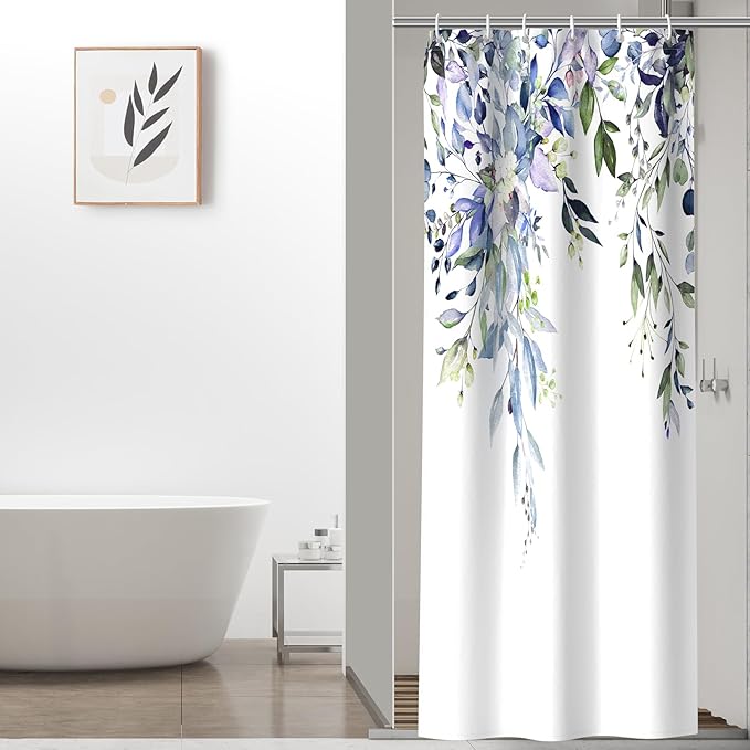 Colorful Star Green Eucalyptus Waterproof Shower Curtain Set with Hooks, Minimalist Watercolor Floral Print Bathroom Décor, Plant Leaves Washable Fabric Shower Curtain, 36 x 72 Inch