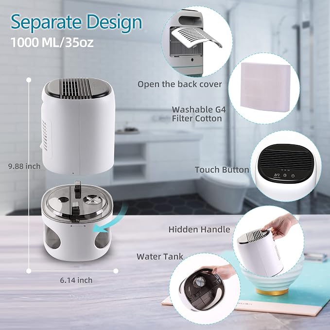 Small Dehumidifiers for Bedroom w/Air Purifying Function, 1000 ml/35 oz for - Image 4