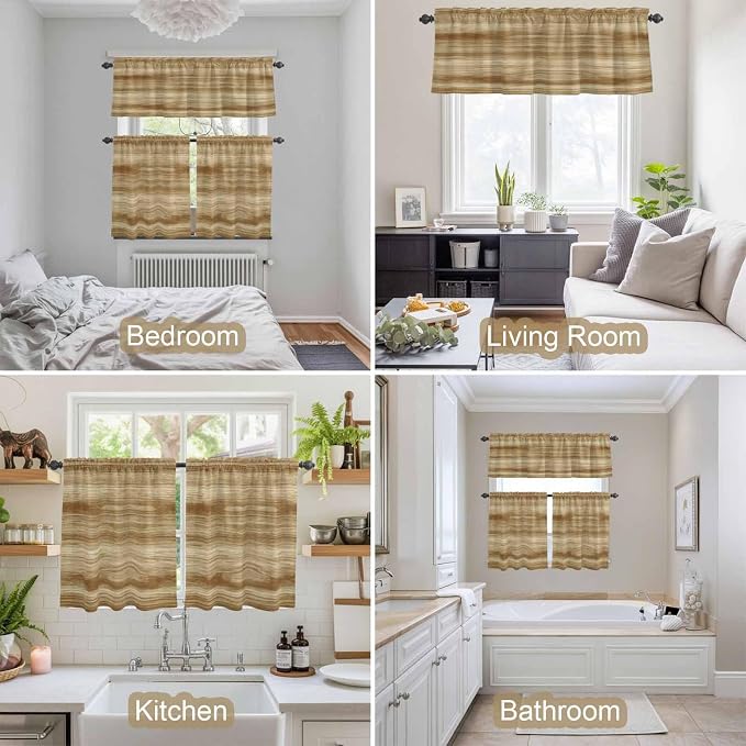 Kitchen Curtains Tiers and Valance Set of 3, Light Brown Wood Grain Light - Image 7
