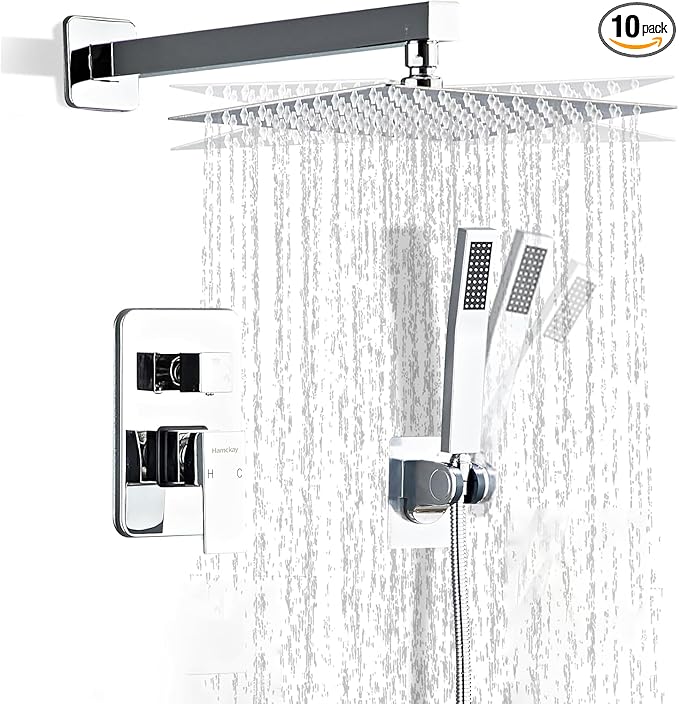 10 Inch Polished Chrome Shower Faucet Set with Rain Shower Head and Handheld Spray, Wall Mounted Rainfall Shower Head with Handheld Combo, Bathroom luxury Shower System with Valve and Trim