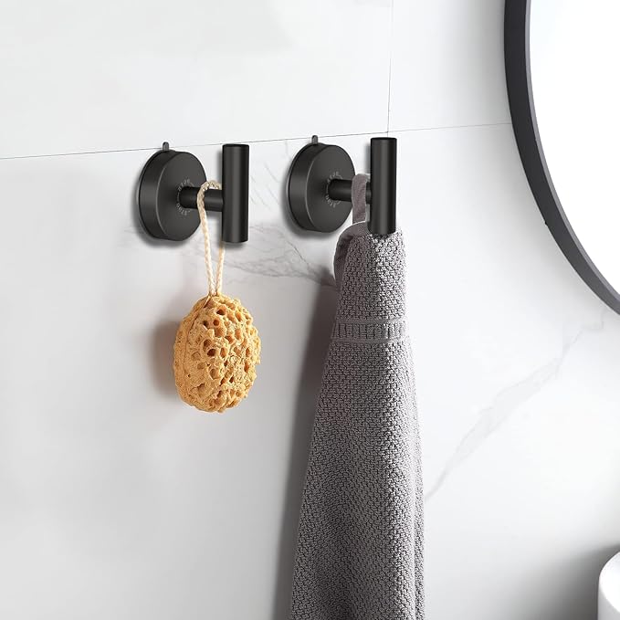 DGYB Large Suction Cup Hooks for Shower Set of 4 - Black Towel Hooks for Bathrooms - Stainless Steel Removable Wall Hooks - 15 Lb Heavy Duty Hanging