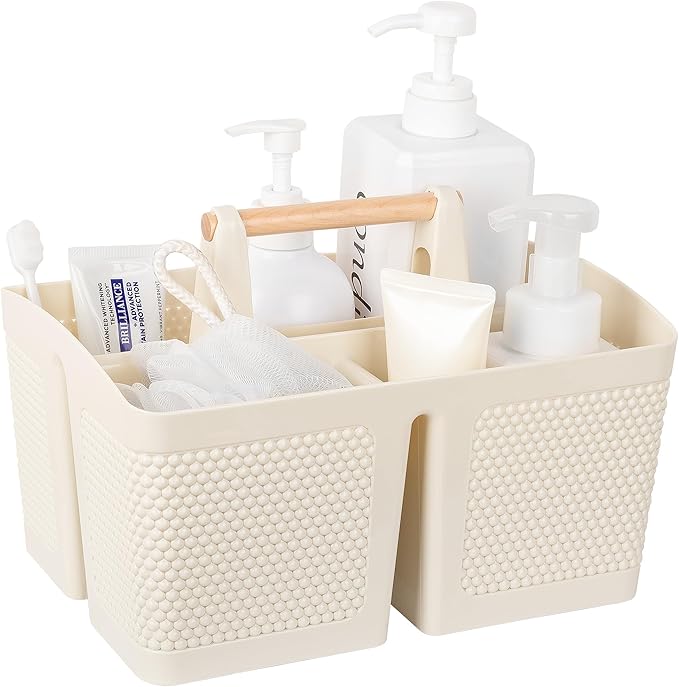 rejomiik Portable Shower Caddy Basket Plastic Cleaning Caddy Organizer Storage Tote with Handle for Bathroom, College, Dorm Room Essentials, Cream