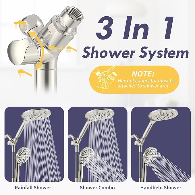 HOWUWEY Dual Shower Heads with Handheld Spray Combo, 7.5" High Pressure Rainfall Showerhead, Double Shower Heads with Handheld Spray, 9 Modes Hand Showerhead with 79" Hose (Standard, Brushed Nickel)