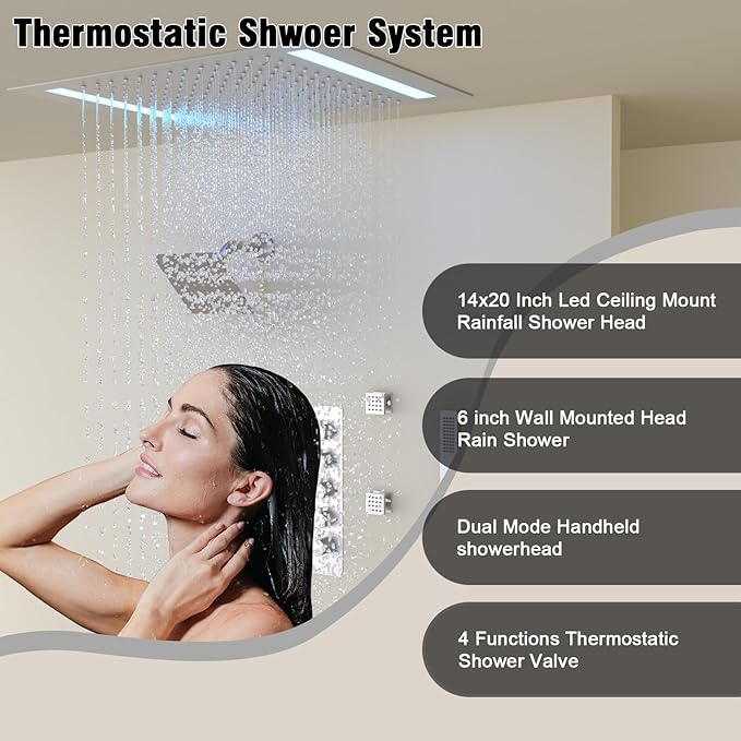 Thermostatic Shower System with 14x20 Inch Ceiling Mount LED Head & 6 Inch Wall Head and Handheld Shower 4 Function Vale with body jets Can All Run Together,Brushed Nickel