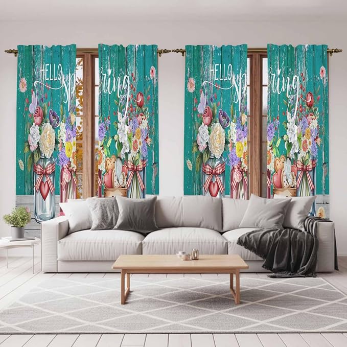 Spring Flowers Kitchen Curtains, Farmhouse Watercolor Teal Wood Grain Light - Image 7
