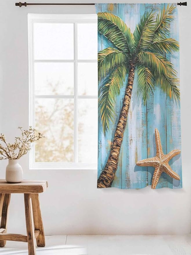 Sheer Curtains 63 Inch Length, Coastal Beach Tree Semi Sheer Curtains Light - Image 3
