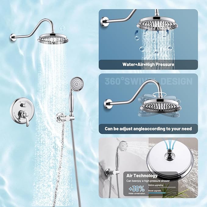 Antique Shower Head Faucet Set,Chrome Vintage Wall Mount Shower Faucets Combo With Handheld Spray,Bathroom Rainfall Shower System Trim Kit With Brass Pressure Balance Valve & 9''Shower Head