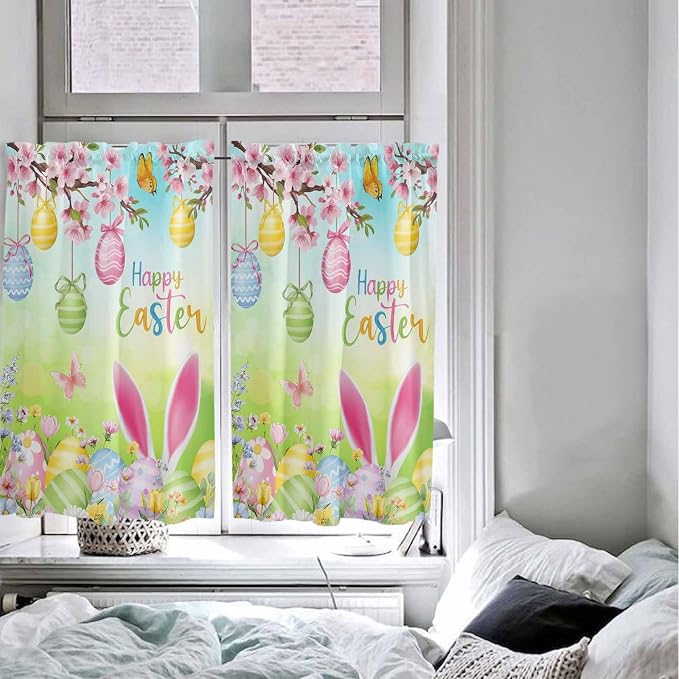 Easter Kitchen Curtains 45 Inches length, Spring Bunny Colorful Rabbit Eggs - Image 5