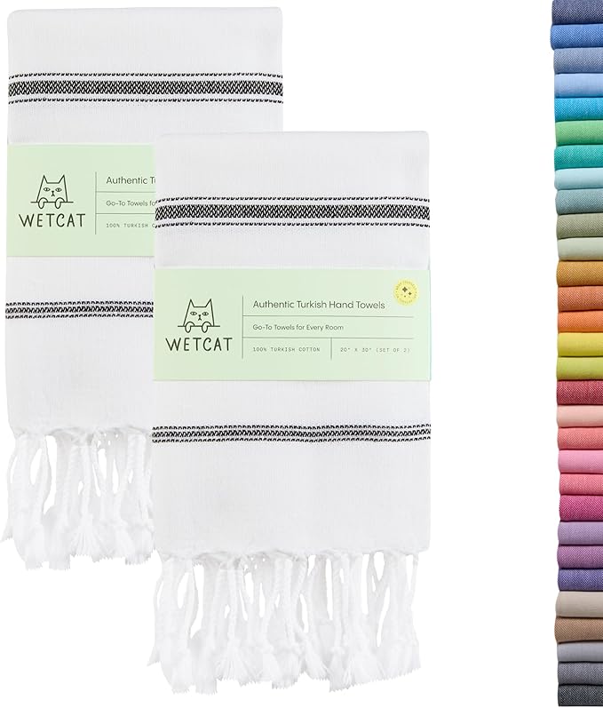 WETCAT Turkish Hand Towels with Hanging Loop, Set of 2 (20" x 30") 100% Turkish Cotton, Pre-Washed, Quick Drying, for Kitchen or Bathroom - Black & White