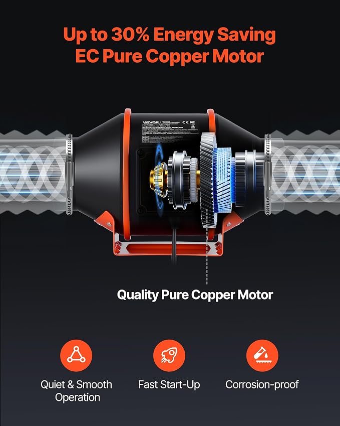 VEVOR Inline Duct Fan Kit Carbon Filter, 205 CFM 4 inch EC Motor Exhaust - Image 5
