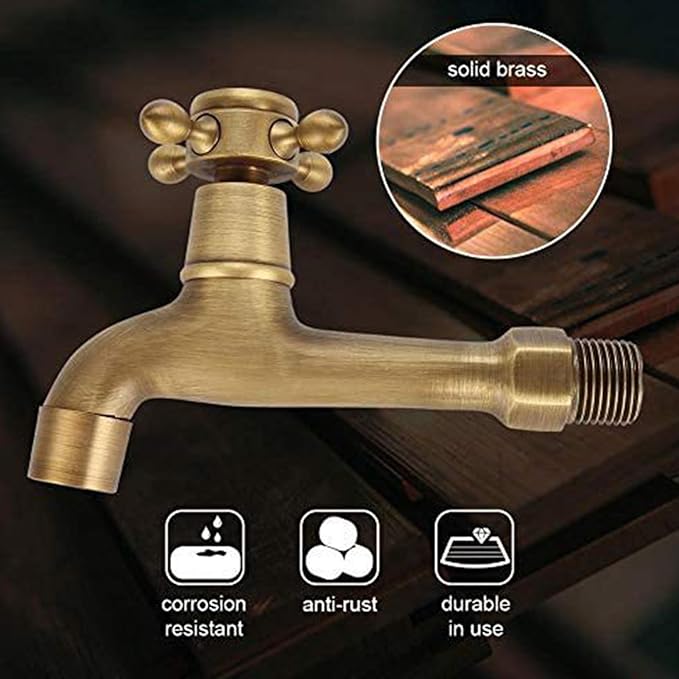 European Style Vintage Wall Mounted Faucet, Solid Brass, G1/2", Single Cold Water Tap for Kitchen Sink, Mop Pool, Antique Brass Finish