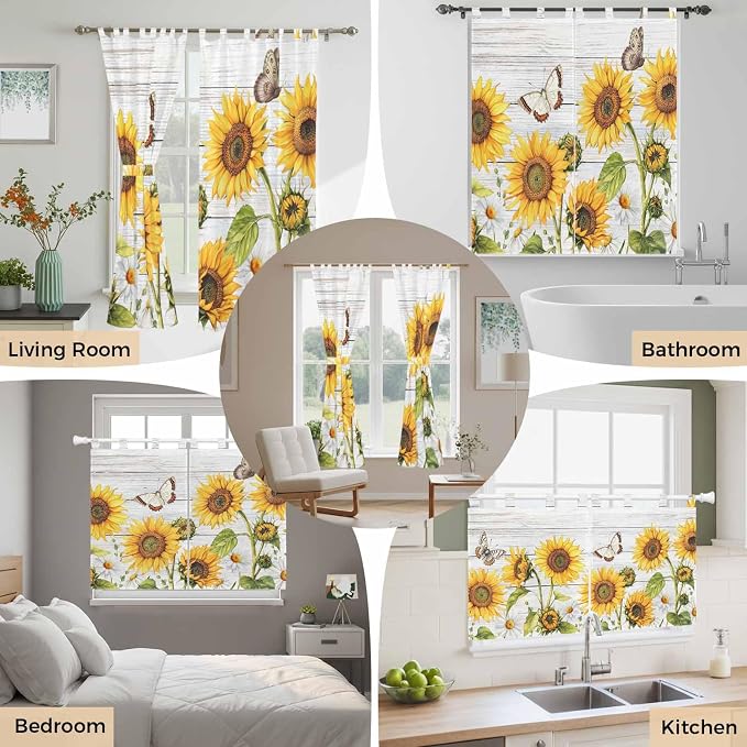 Yellow Sunflowers Kitchen Curtains 45 Inch Length, Short Cafe Window Curtains - Image 7